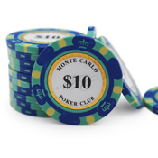 Monte Carlo 14 Gram Poker Chips - $10 Sold by the Roll 25 pcs per Roll, montecarlodkblu10